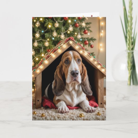 Christmas Basset Hound In a Doghouse カード (正面)