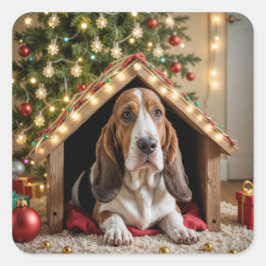 Christmas Basset Hound In a Doghouse スクエアシール