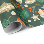 Christmas Baubles and Winter Foliage Green ラッピングペーパー (ロールコーナー)