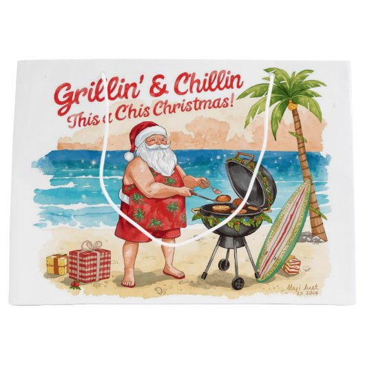 Christmas BBQ Santa at the Beach Florida  ラージペーパーバッグ (正面)