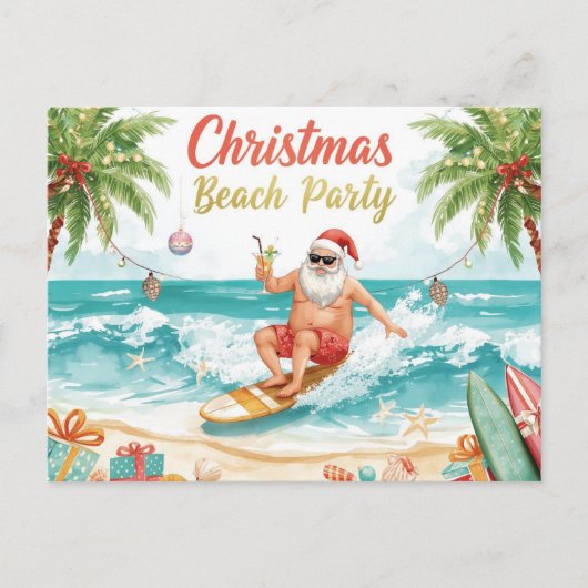 Christmas Beach Party – Tropical Santa Surfing  インビテーションポストカード (正面)