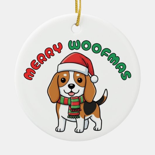 Christmas Beagle Ornament: Merry Woofmas セラミックオーナメント (正面)