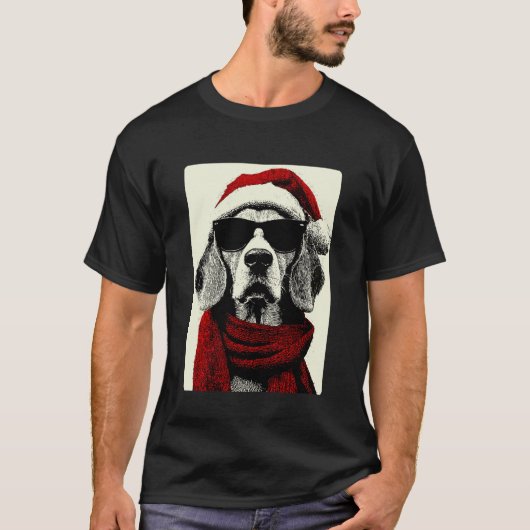 Christmas Beagle with Sunglasses Santa Hat Funny W Tシャツ (正面)