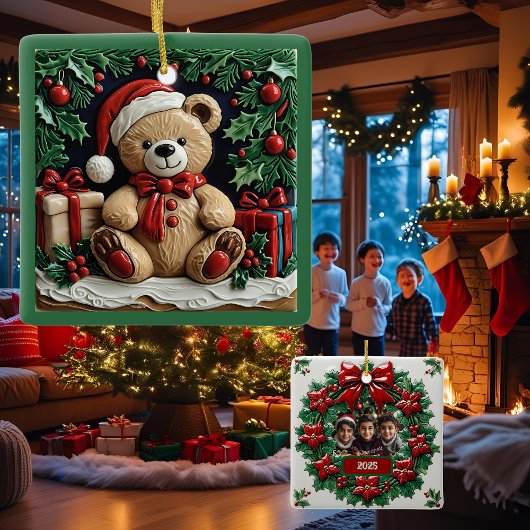 Christmas Bear and Presents Customizable セラミックオーナメント