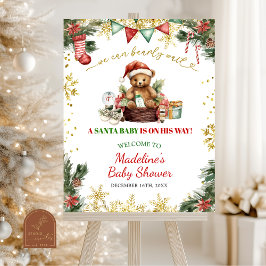 Christmas Bear Santa Boy Baby Shower Welcome Sign ポスター