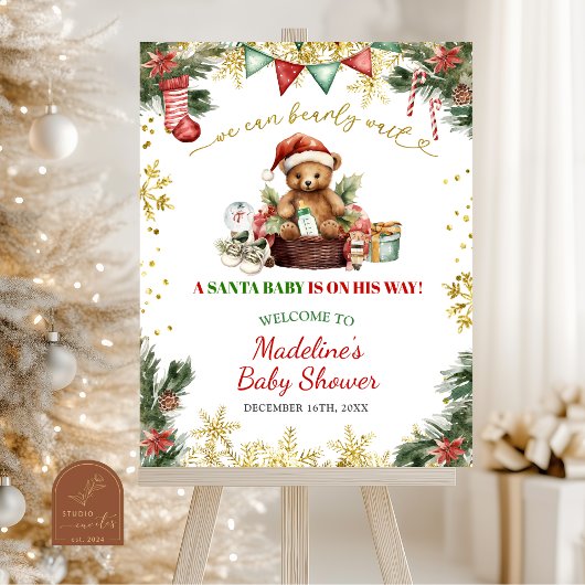 Christmas Bear Santa Boy Baby Shower Welcome Sign ポスター