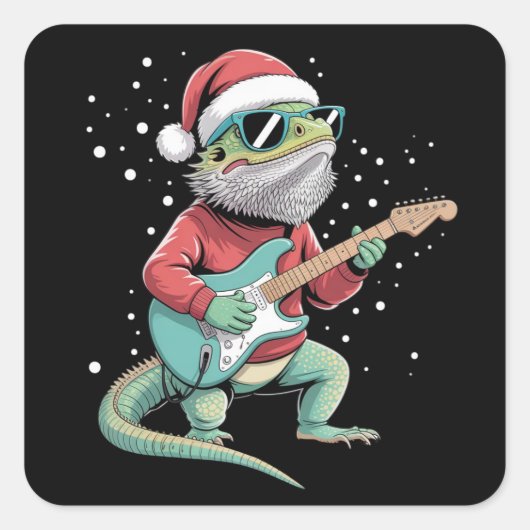 Christmas Bearded Dragon Playing Guitar Musician  スクエアシール (正面)