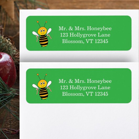 Christmas Bee Holding Candy Canes Return Address ラベル