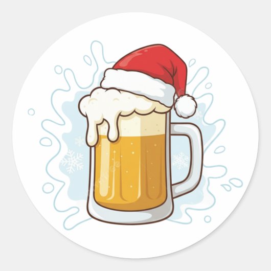 Christmas Beer Mug with Santa Hat Funny Holiday ラウンドシール (正面)