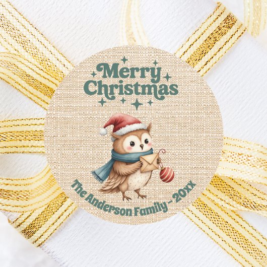 Christmas beige burlap cute owl ラウンドシール