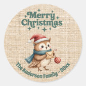 Christmas beige burlap cute owl ラウンドシール (正面)