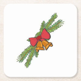 Christmas Bell Print with Pine & red bow wall art スクエアペーパーコースター