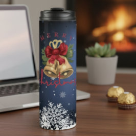 Christmas Bells Blue Snowflakes Thermal Tumbler タンブラー