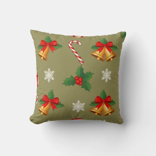Christmas Bells & Candy Cane Throw Pillow クッション (正面)
