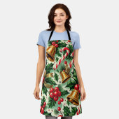 Christmas Bells holly candy canes art pattern エプロン (着用した状態)