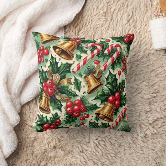 Christmas Bells holly candy canes art pattern クッション (ブランケット)