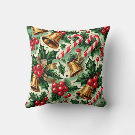 Christmas Bells holly candy canes art pattern クッション (裏面)