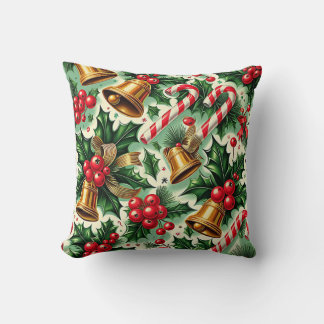 Christmas Bells holly candy canes art pattern クッション