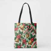 Christmas Bells holly candy canes art pattern トートバッグ (正面)
