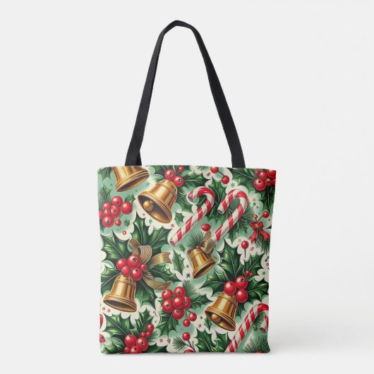 Christmas Bells holly candy canes art pattern トートバッグ (裏面)