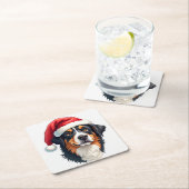 Christmas Bernese Mountain Dog in Santa Hat スクエアペーパーコースター (インサイチュ)