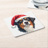 Christmas Bernese Mountain Dog in Santa Hat スクエアペーパーコースター (アングル)
