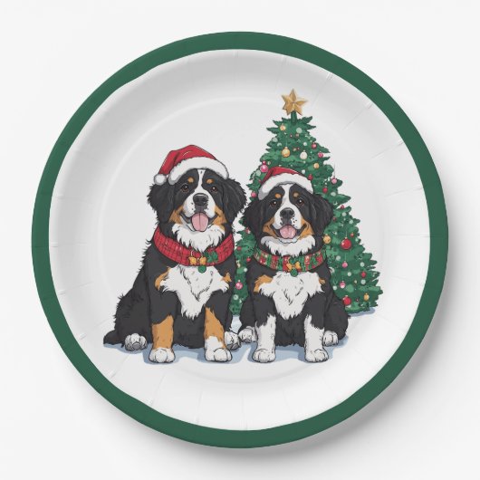 Christmas Bernese Mountain Dogs ペーパープレート (正面)