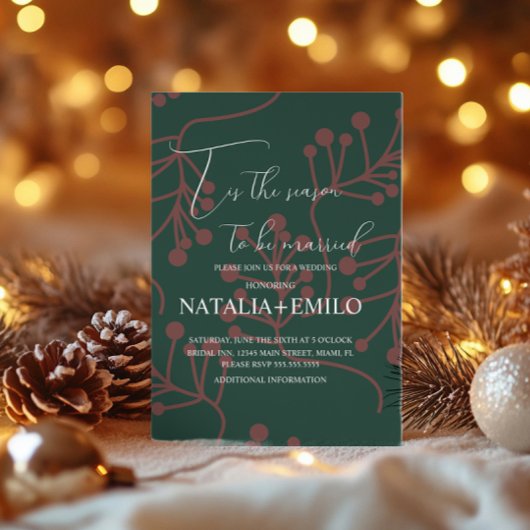 Christmas Berries Elegant Holiday Green Wedding  招待状