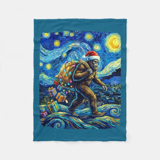 Christmas Bigfoot Santa Hat Van Gogh Starry Night  フリースブランケット (正面)
