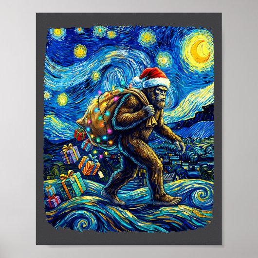 Christmas Bigfoot Santa Hat Van Gogh Starry Night  ポスター (正面)