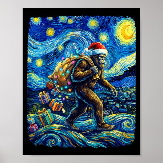 Christmas Bigfoot Santa Hat Van Gogh Starry Night  ポスター (正面)