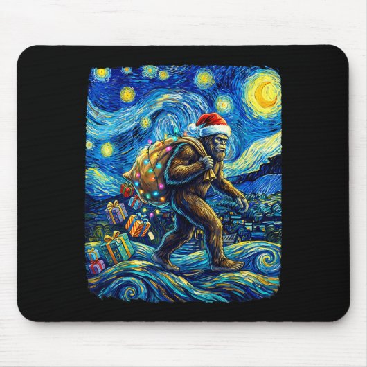 Christmas Bigfoot Santa Hat Van Gogh Starry Night  マウスパッド (正面)