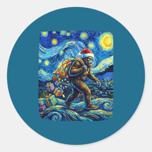 Christmas Bigfoot Santa Hat Van Gogh Starry Night ラウンドシール (正面)