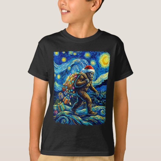 Christmas Bigfoot Santa Hat Van Gogh Starry Night  Tシャツ (正面)