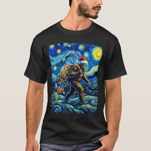 Christmas Bigfoot Santa Hat Van Gogh Starry Night  Tシャツ (正面)