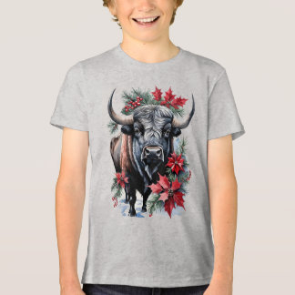 Christmas Bison With Big Horns And Poinsettias トライブレンドTシャツ