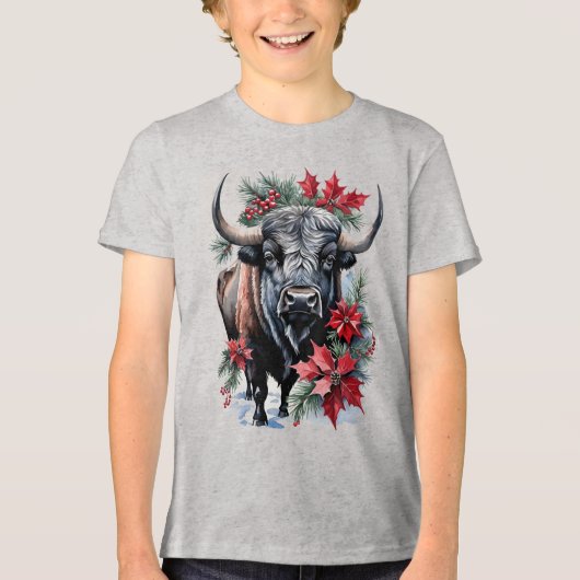 Christmas Bison With Big Horns And Poinsettias トライブレンドＴシャツ (正面)