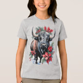Christmas Bison With Big Horns And Poinsettias トライブレンドＴシャツ (正面)