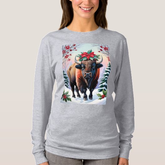 Christmas Bison With Big Horns Snow & Poinsettias Tシャツ (正面)