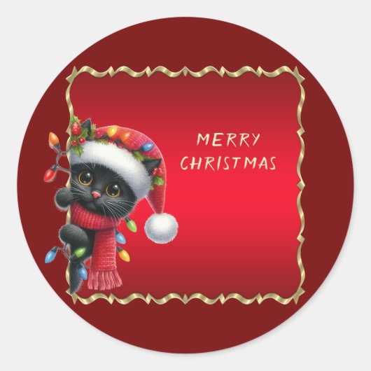 Christmas Black Cat Holiday Sticker ラウンドシール (正面)