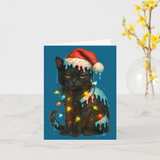 Christmas Black Cat Ice Cream Drip Santa Hat Cute  カード (黄色い花)