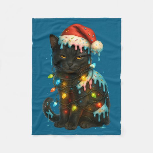 Christmas Black Cat Ice Cream Drip Santa Hat Cute  フリースブランケット (正面)