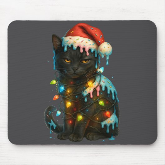 Christmas Black Cat Ice Cream Drip Santa Hat Cute マウスパッド (正面)