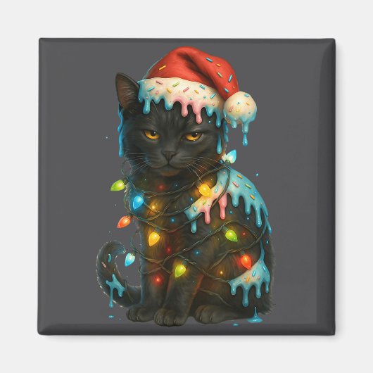 Christmas Black Cat Ice Cream Drip Santa Hat Cute  マグネット (正面)