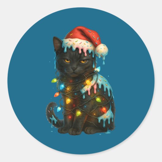 Christmas Black Cat Ice Cream Drip Santa Hat Cute  ラウンドシール (正面)