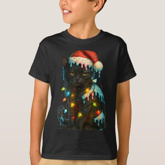 Christmas Black Cat Ice Cream Drip Santa Hat Cute  Tシャツ (正面)
