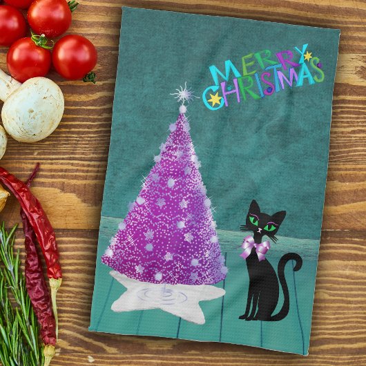 Christmas Black Cat Pink Silver Tree Teal Room キッチンタオル