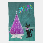 Christmas Black Cat Pink Silver Tree Teal Room キッチンタオル (縦)
