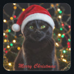 Christmas Black Cat - Santa Hat パーソナライズされた写真 スクエアシール<br><div class="desc">Christmas Black Cat - Santa Hat パーソナライズされた photo Square</div>