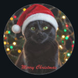 Christmas Black Cat - Santa Hat パーソナライズされた写真 ラウンドシール<br><div class="desc">Christmas Black Cat - Santa Hat写真パーソナライズされた撮クラシック影シール</div>